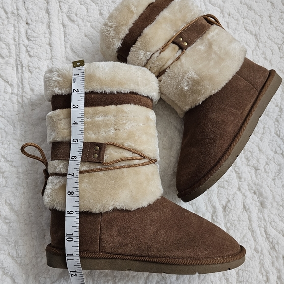 Natural Reflections Bernie Suede Shearling Tan Wrap Around Detail Cozy Boots - Picture 8 of 11